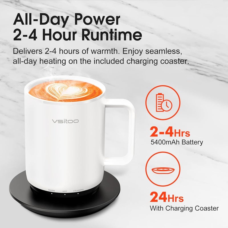 vsitoo S3 Plus 14oz Heated Coffee Mug - Temperature Control Smart Mug with Mug Warmer, Auto-Sensing AI Heats Drinks to 120-150°F Hands-Free.Ideal for Home/Office/Gifts，White - Image 3
